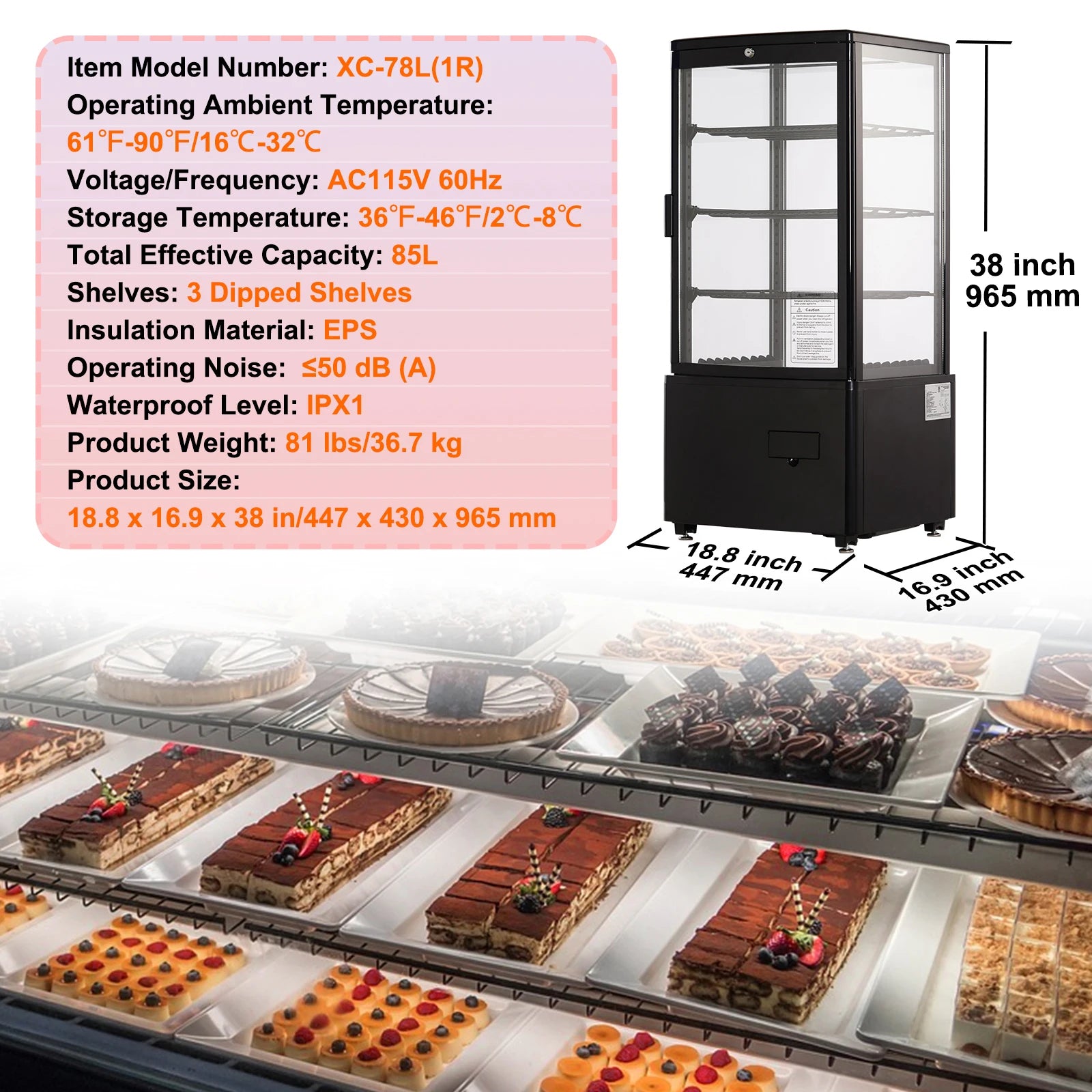 SucceBuy Refrigerated Display Case Countertop Pastry Display Case LED Lighting TURBO Cooling Frost Free Air Cooling