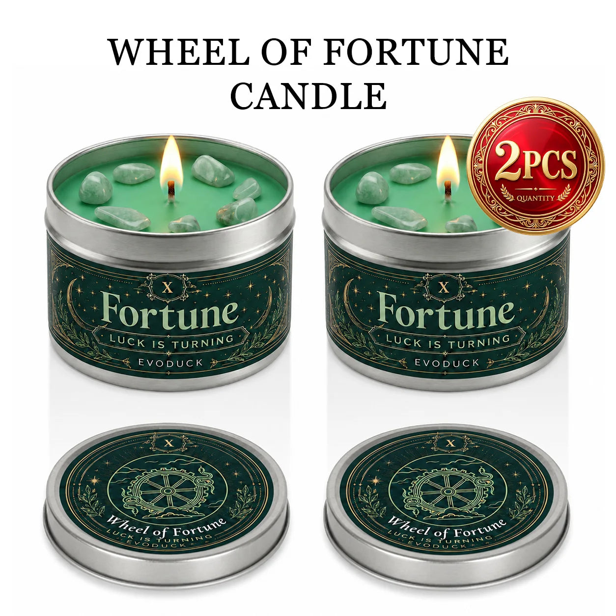 EVODUCK Wheel of Fortune Tarot Candle with Green Crystal Stones, Green Wax Scented Silver Tin Candle, Luck Is Turning Spiritual Ritual Candle for Meditation, Abundance Prosperity, Witchy Altar Decor, New Year Birthday Christm