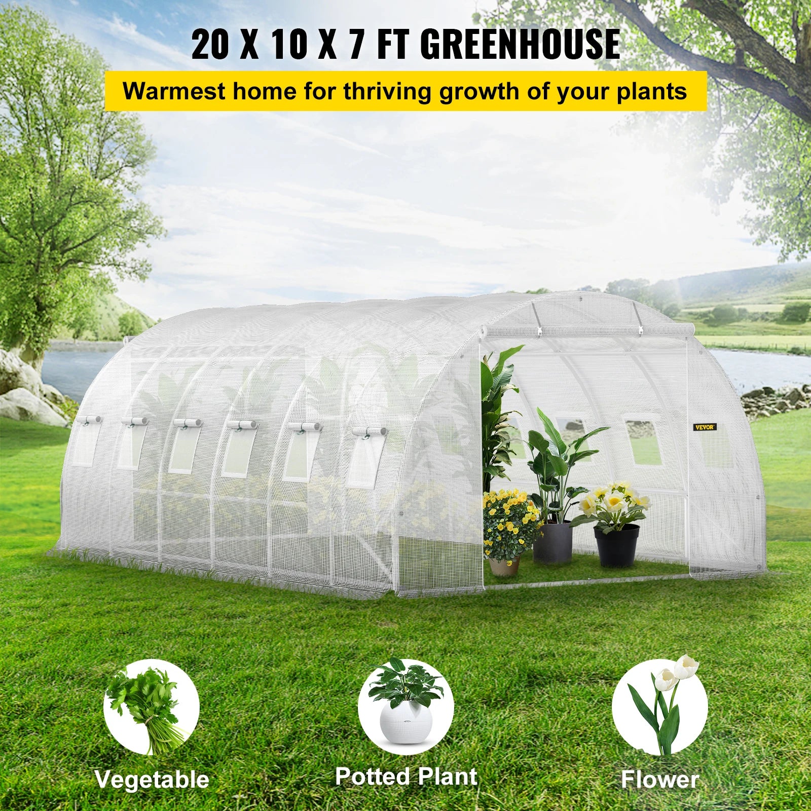 SucceBuy 20x10x7/15x7x7 ft Walk-in Tunnel Greenhouse Plant Hot House with Galvanized Steel Hoops 3 Top Beams & 2 Zippered Doors