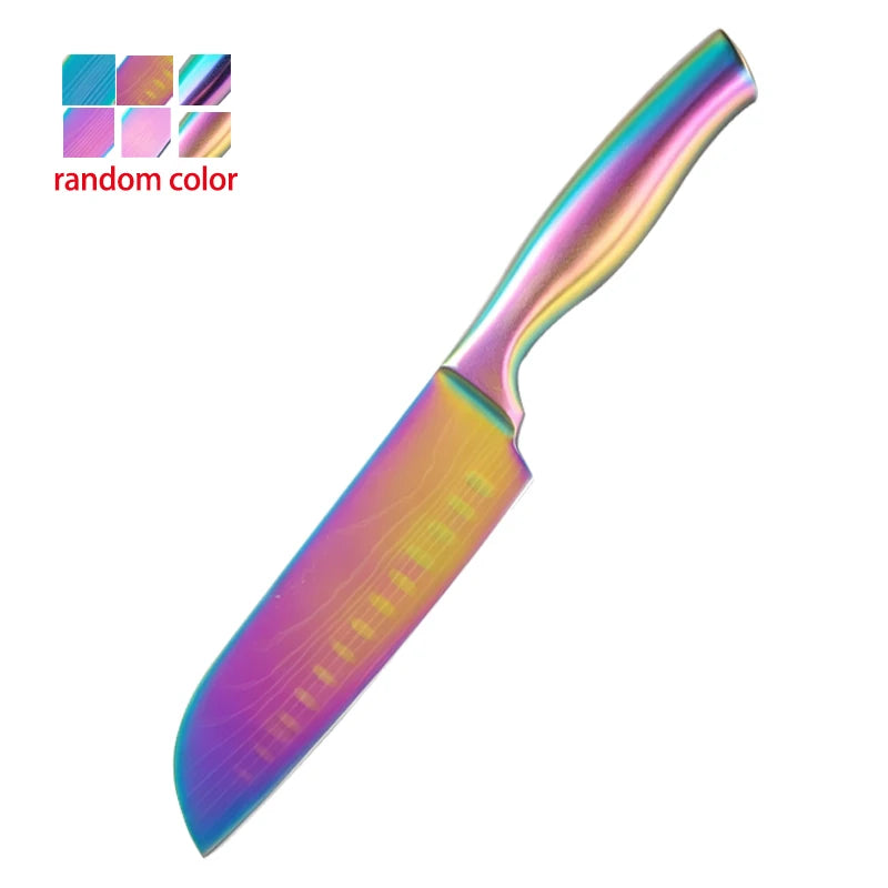 BAFENGS Rainbow Knife Set, Laser Printed Damascus Pattern, Stainless Knives, Chef Bread Santoku Utility Knife, Kitchen Scissors