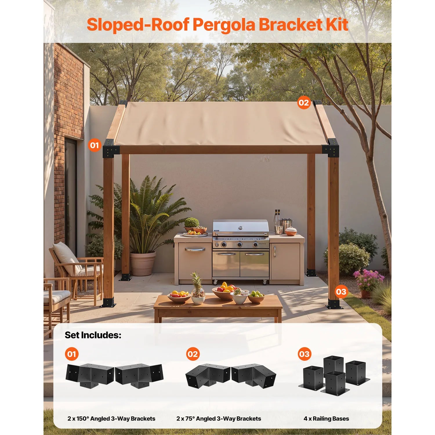 SucceBuy Pergola Kit 4x4 Inch 3-Way Slanted Bracket for 3.5x3.5 Inch Wood Beams, Carbon Steel Pergola Bracket for Gazebos Sheds