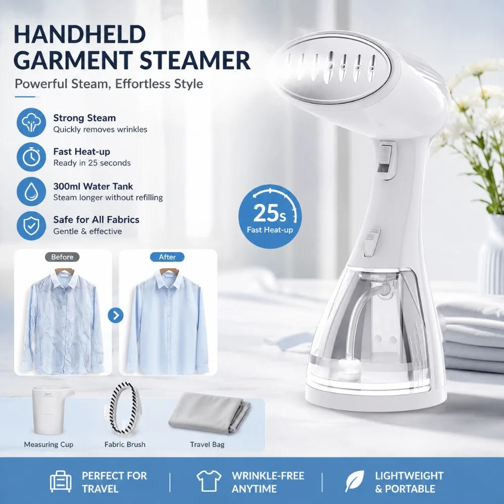 Saierfour 1500W Portable Handheld Garment Steamer Mini Steam Iron Press Travel Business Clothes Wrinkle Remover Home Fabric Steaming Brush
