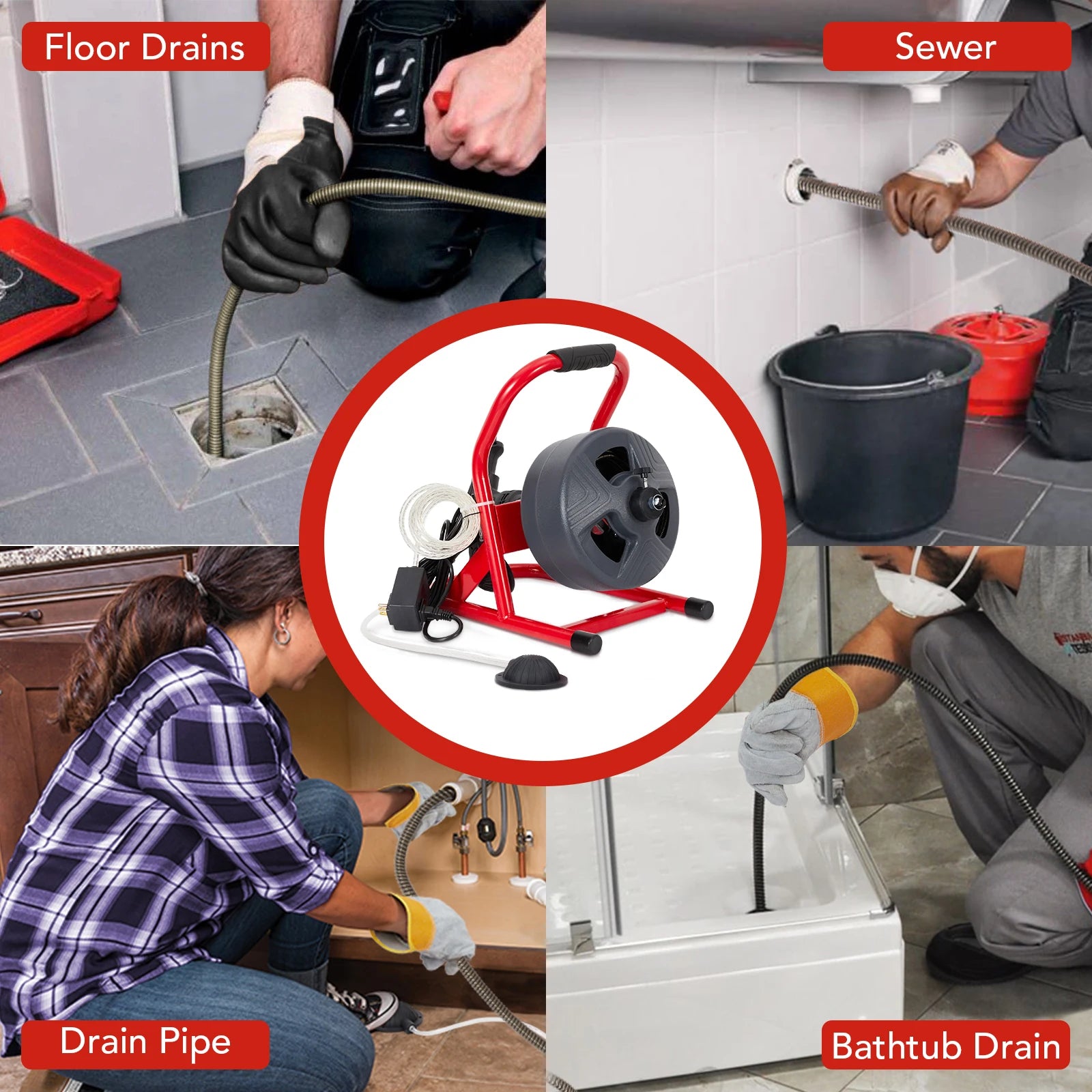 50Ft x 5/16 Inch Drain Cleaner Machine, Drain Auger Professional for 3/4 to 3 Inch Pipes, Foot Switch Drain Auger Cleaner Sewer