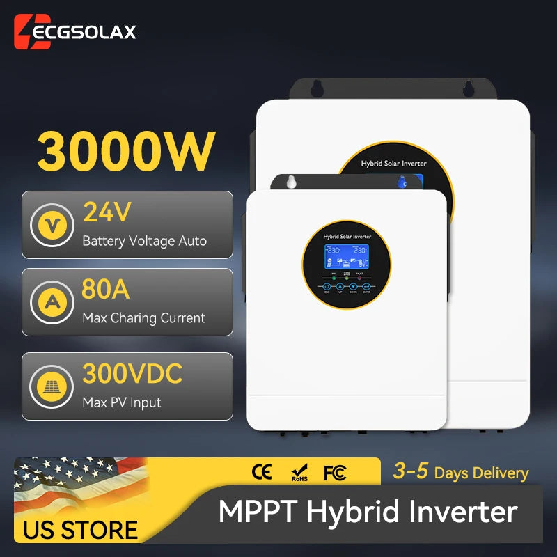 ECGSOLAX 3000W Off Grid Hybrid Solar Inverter 24V 110V 3KW Pure Sine Wave Solar Inverter 120V With MPPT 100A Charging Controller Max PV 300VDC
