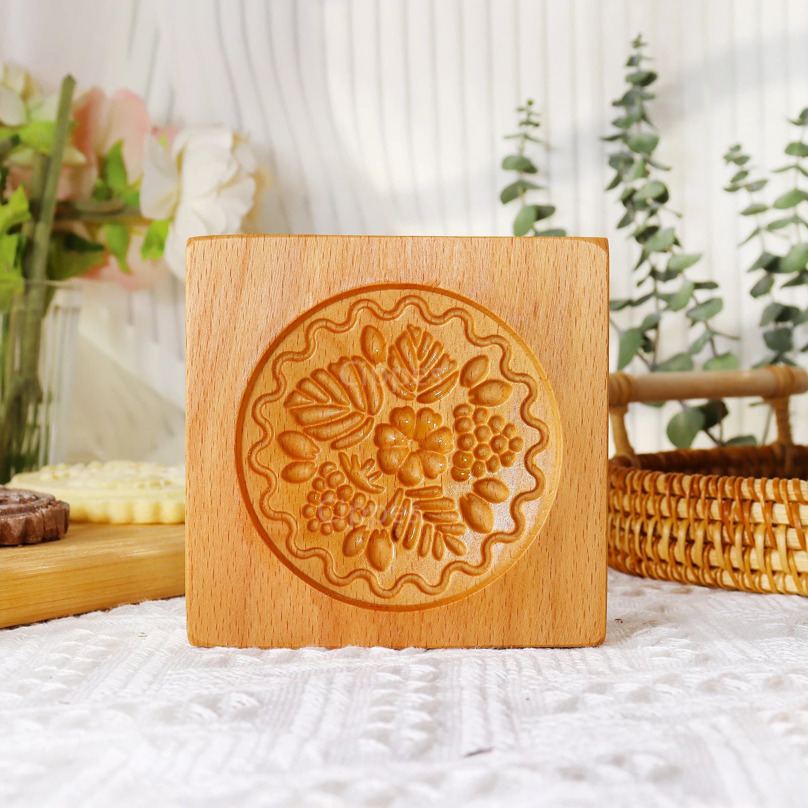 1PC Wood Cookie Mold with Flower Patterns, Christmas 3D DIY Carved Embossed Cookie Cutter Moulds for Baking, Fondant Biscuit