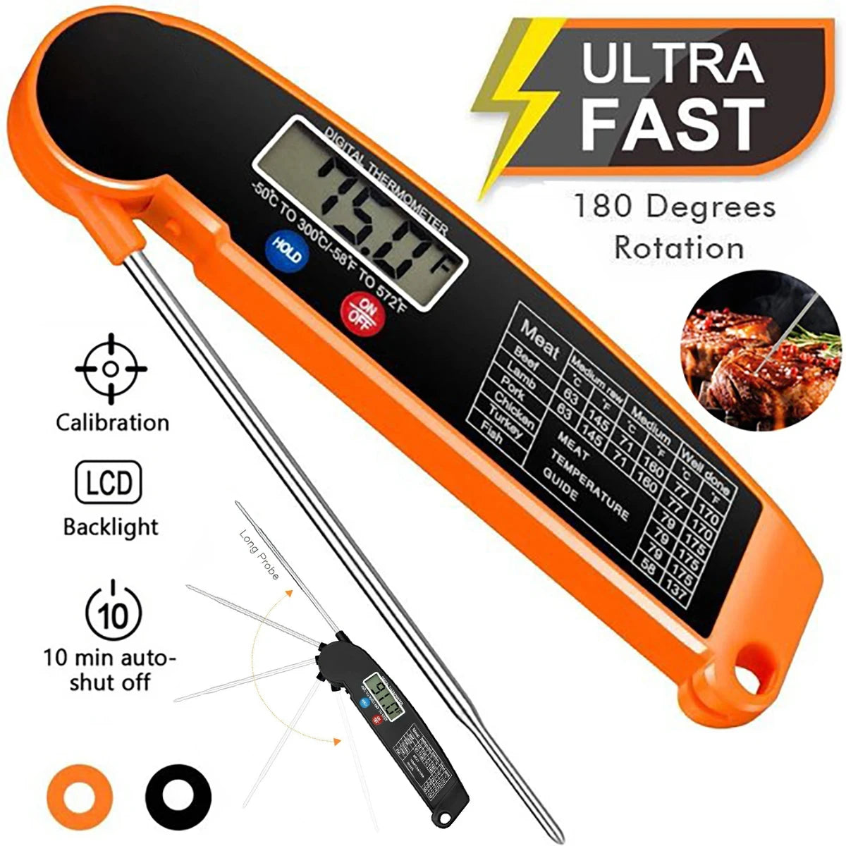 Foldable Digital Food Thermometer - Probe for Meat/Water/Milk/Fry/BBQ, Oven Temperature Gauge, Kitchen Cooking Tool