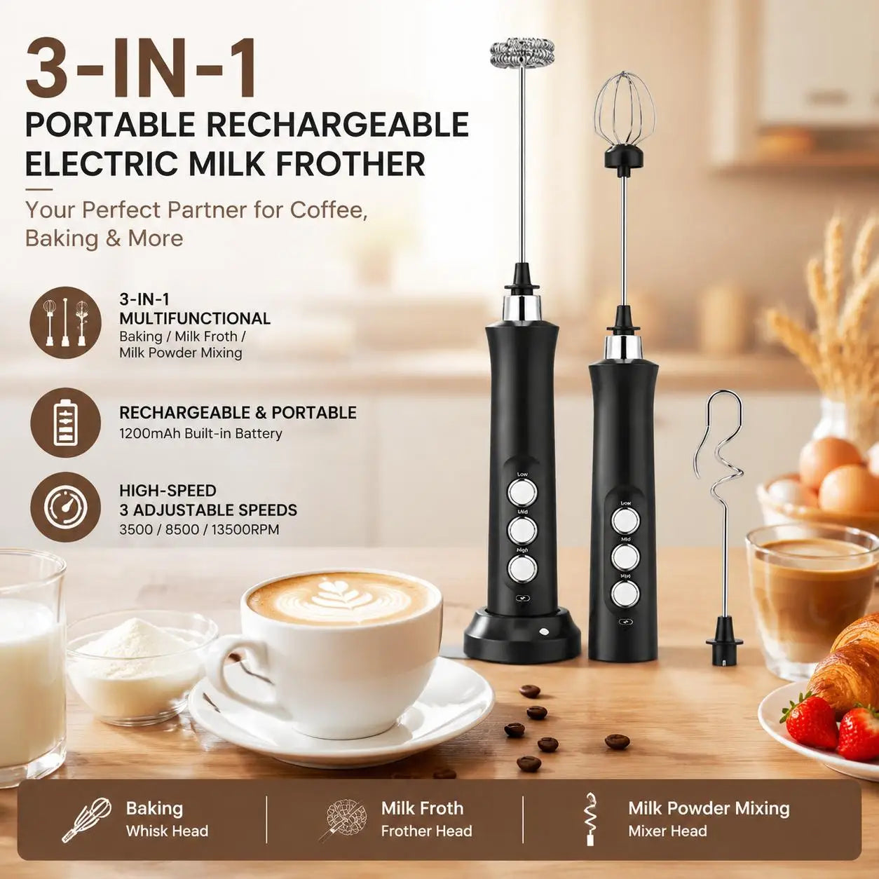 USB Rechargeable Electric Milk Frother Mini Handheld Foam Maker 3 Speed Whisks for Latte Coffee Cappuccino Stainless Steel Egg Beater Drink Mixer Hot Chocolate Blender Portable Cordless Kitchen Gadgets Tools