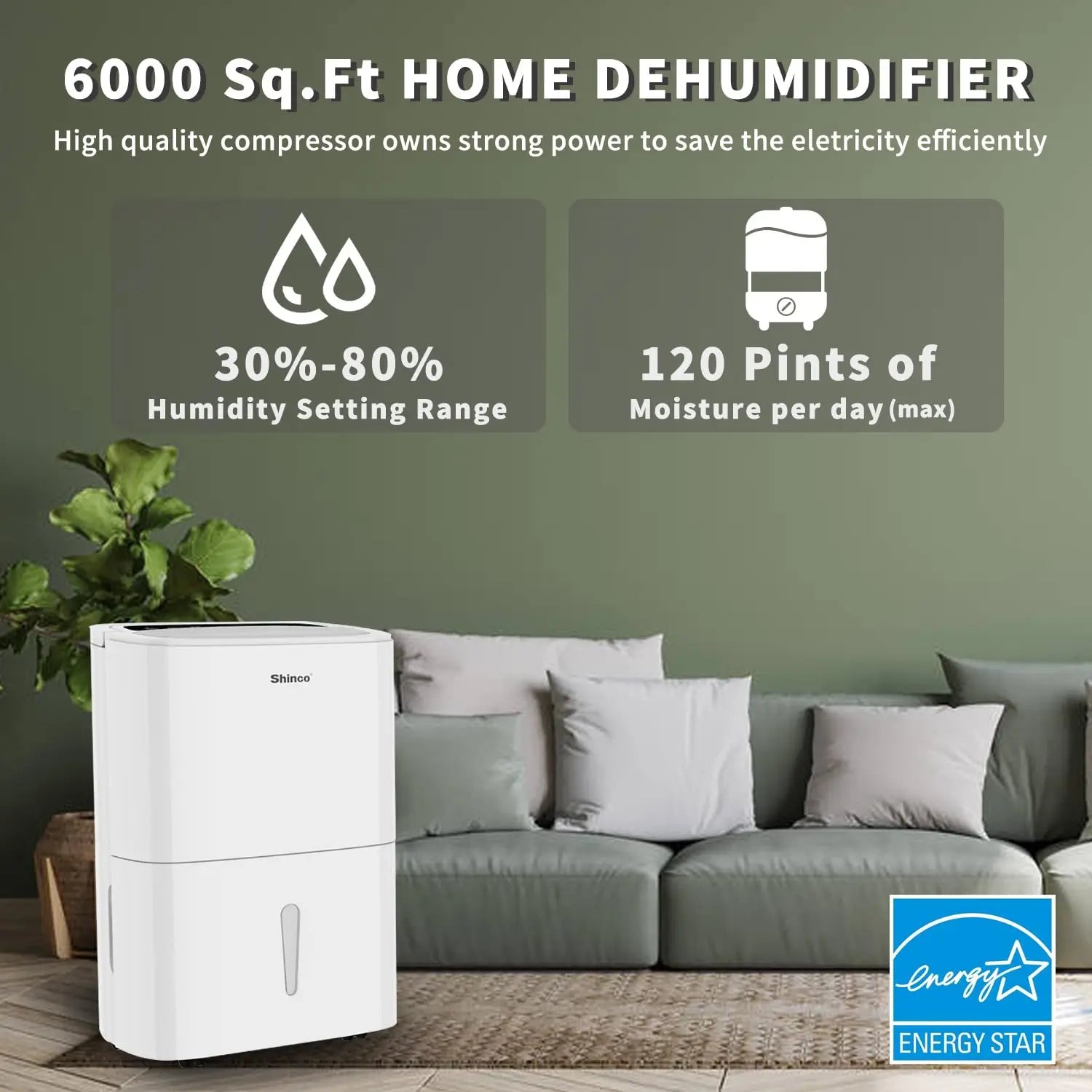 Shinco 5,000/6,000 Sq.Ft Energy Star Dehumidifier, Ideal for Large Rooms and Home Basements, Efficient Moisture Removal,1.32 Gallons
