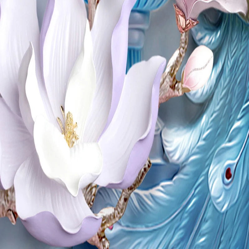 Custom Any Size Mural Wallpaper 3D Stereo Relief Blue Peacock Flowers Wall Painting Living Room Hotel Entrance Backdrop Wall 3 D