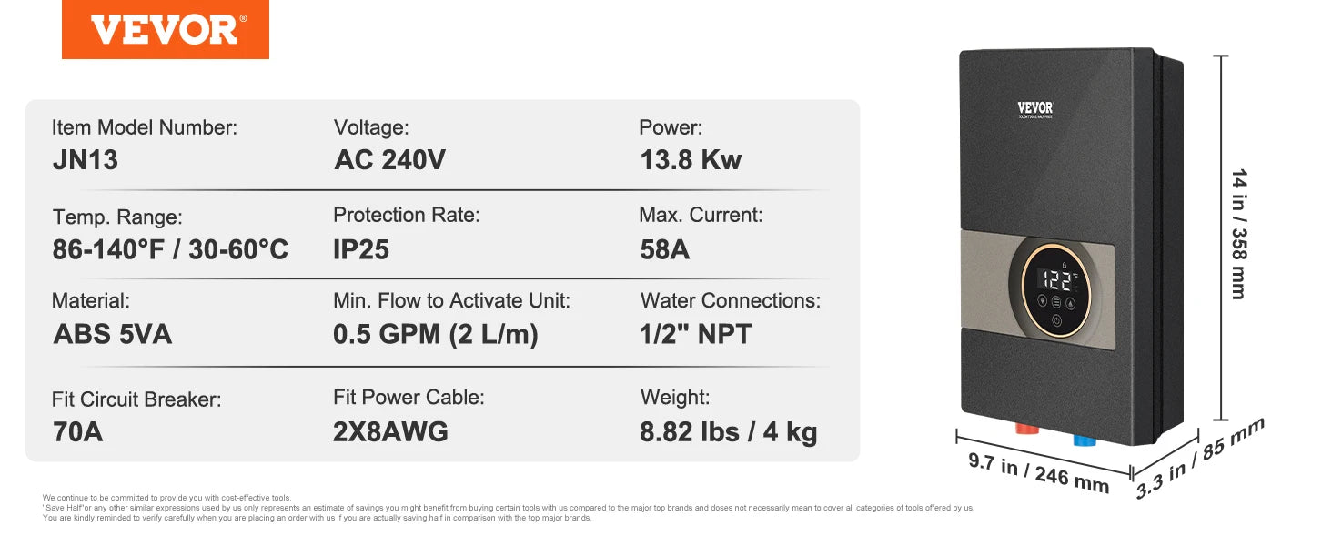 SucceBuy Instant Water Heater 8/13.8/18kw On Demand Electric  Water Boiler Digital Temperature Display & Easy Installation
