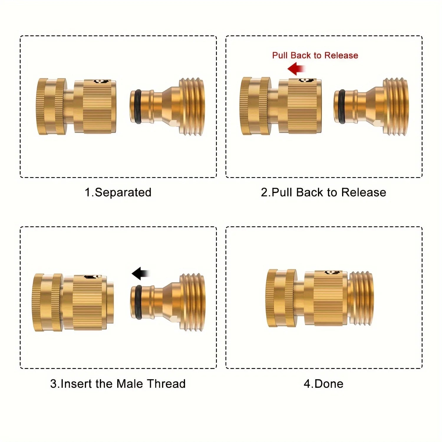 2-PCS Brass Garden Hose Quick Connect Kit, 3/4" GHT Male & Female Threads, Battery-Free Connector for Outdoor Lawn & Gardening