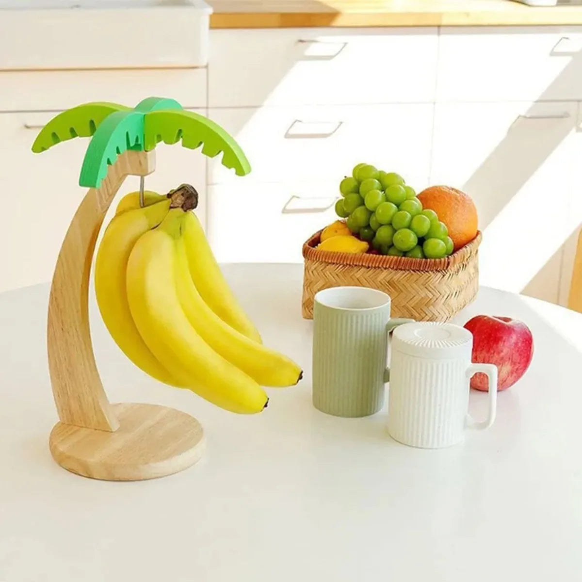Hanging Wooden Banana Rack Simulated Leaf Decorative Fruit Vertical Storage Rack with Hook Home Kitchen Decorations