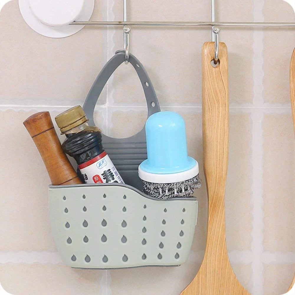 Kitchen Sink Sponge Soap Holder Hanging Adjustable Strap Drain Holes for Drying