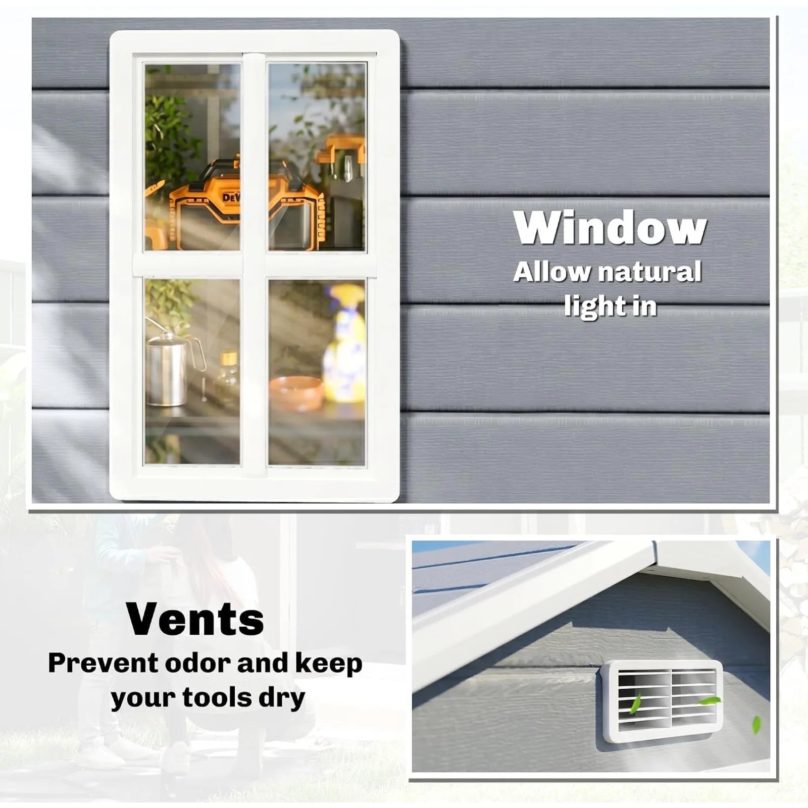 Outdoor Storage Shed Waterproof Resin with Floor Gray | With Floor, Window, Lockable Doors and Vents, All-Weather, Garden Tool Shed, for Backyard Patio Lawn