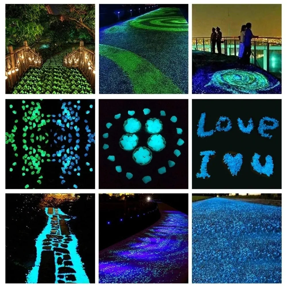 Garden Park Road, cobblestones, luminescent decorations, parties, wishing bottles, luminescent sand and stone decorations