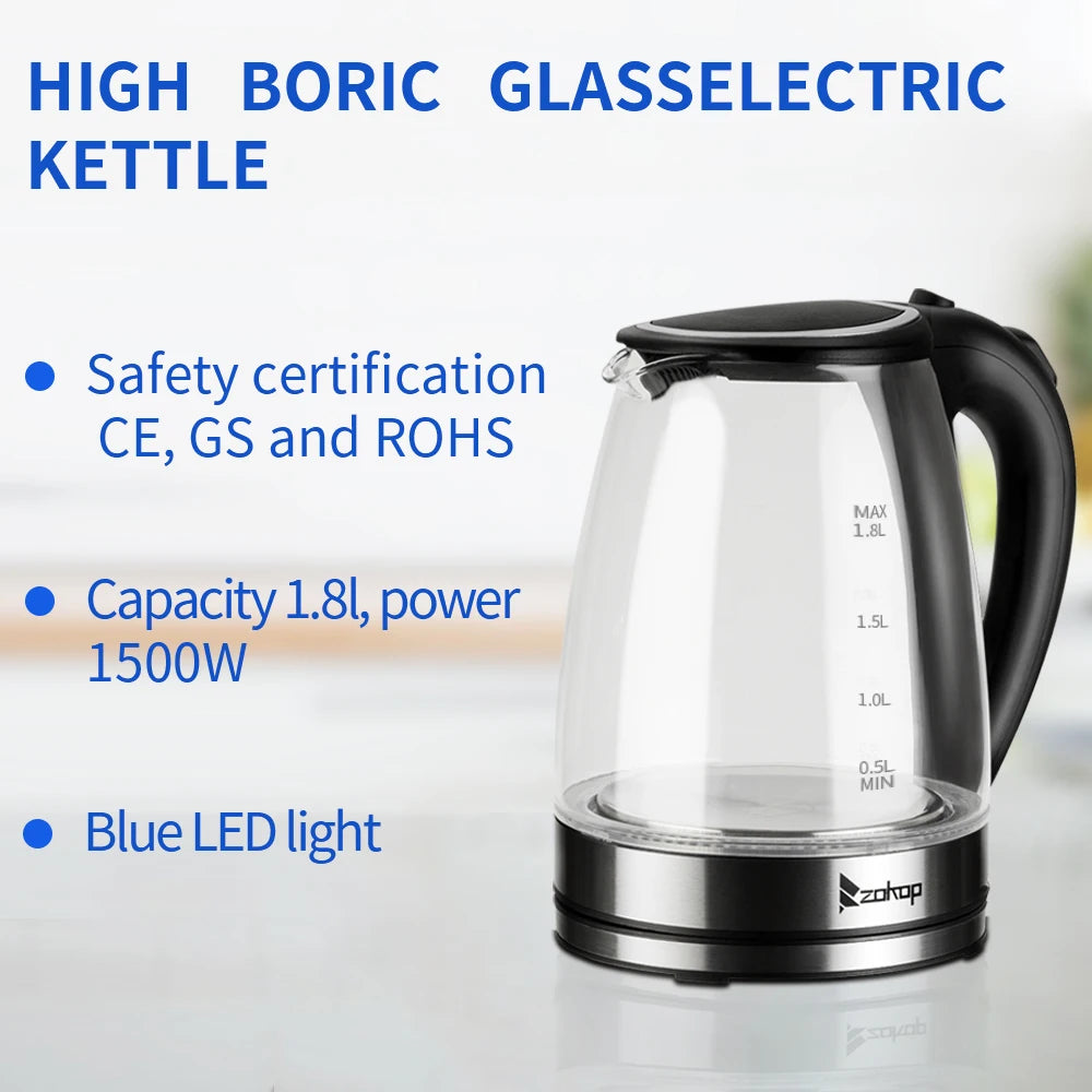 HD 1857 A 110V 1200W 1.8L Electric Glass Kettle US Plug Borosilicate Glass Blue LED Auto Shut Off 360 Rotation Base