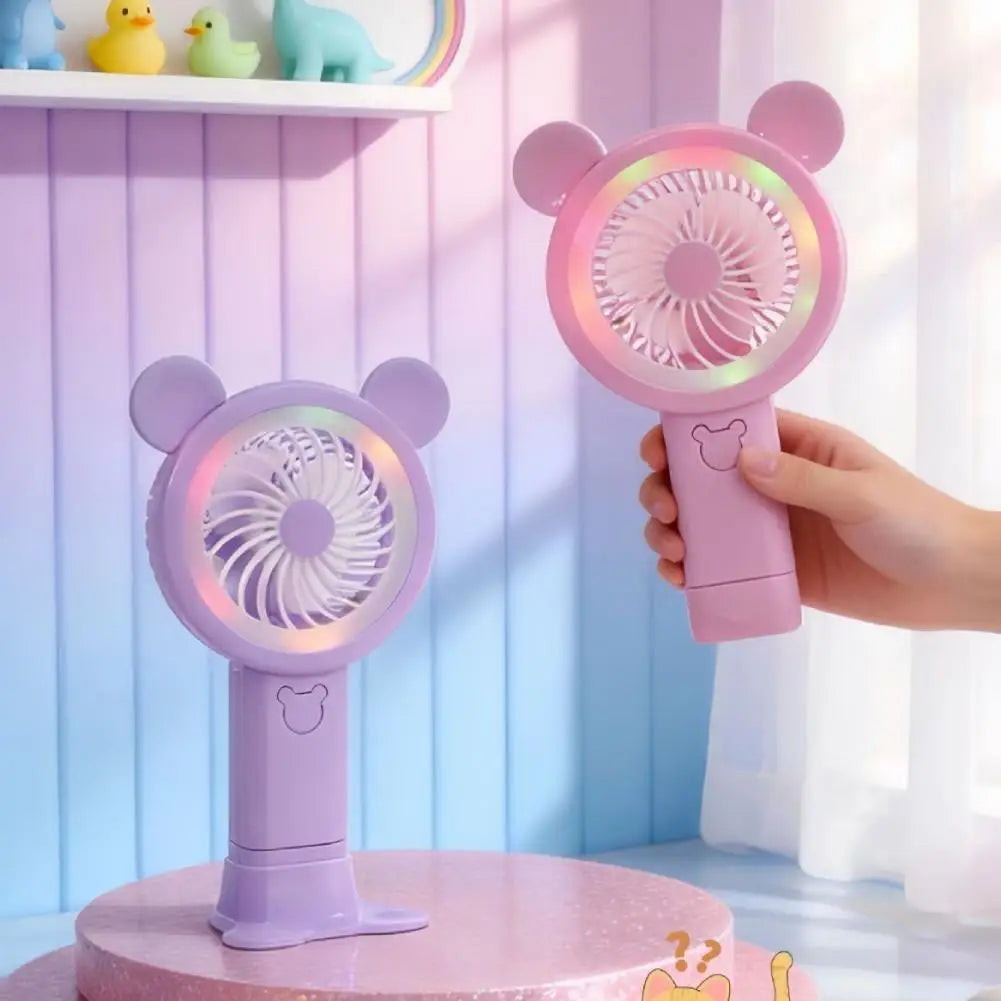 2026 New Gradient Light Handheld Mini Fan Portable Lovely Pink Cartoon Windy Fan Cute Round Ears Desktop Small Electric Fan