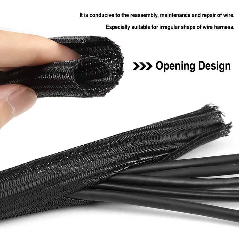 2/10m Black PET Braided Self-Closing Cable Sleeve Dia 3mm ~ 50mm Wear Resistant Insulated Wire Organizer Cable Management Sheath