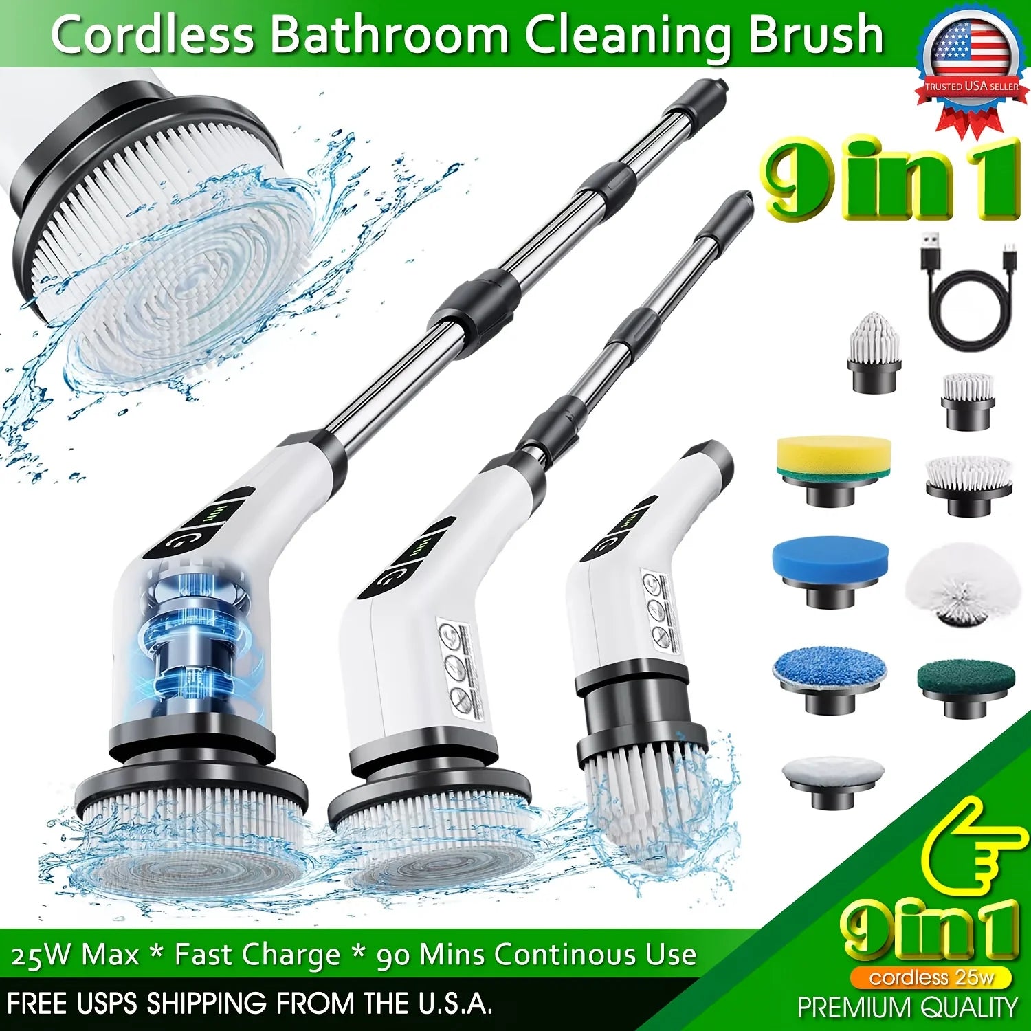 9-in-1 Electric Rotating Cleaning Brush, Wireless Shower Scrubber with Replaceable Heads and Adjustable Telescopic Handle