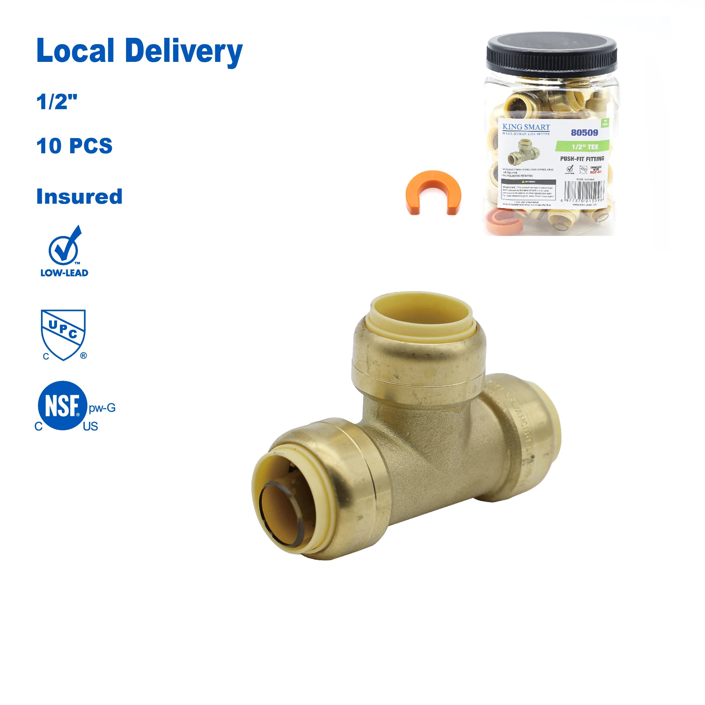 KING SMART 1/2" Push Fit * 1/2" Push Fit * 1/2" Push Fit Fitting TEE; 10Pcs/Case; 80509