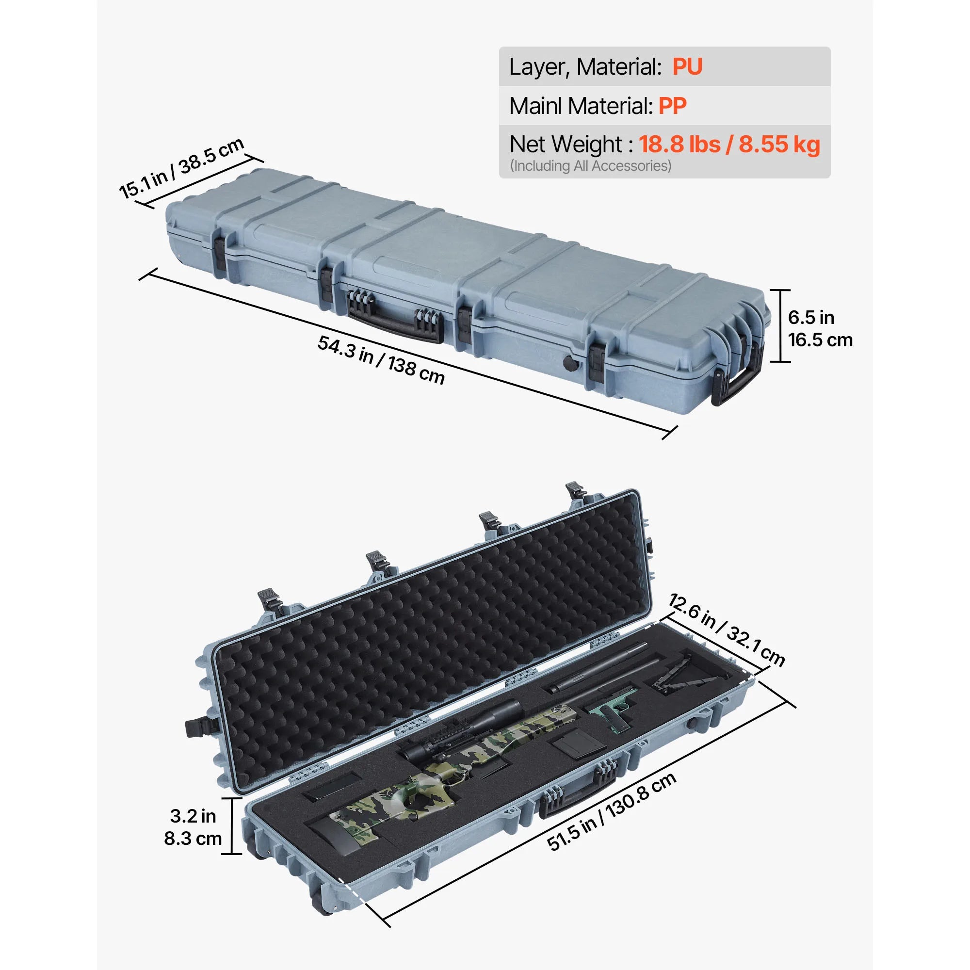 SucceBuy Hard Rifle Case Lockable Rifle Case with Pre-cut Foams Wheels IP67 Waterproof Pistol Storage Cases for Rifles Shotguns
