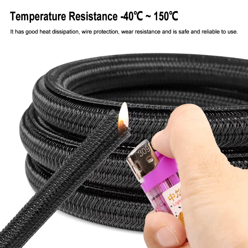 2/10m Black PET Braided Self-Closing Cable Sleeve Dia 3mm ~ 50mm Wear Resistant Insulated Wire Organizer Cable Management Sheath