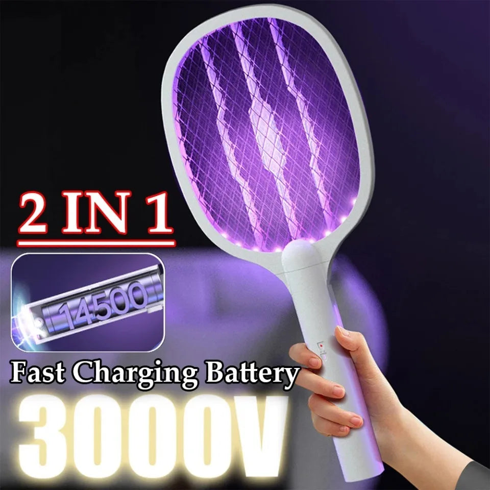 Handheld Electric Fly Swatter Bug Zapper Racket USB Rechargeable Mosquito Killer Lamp 2 in 1 Pest Control 3000V