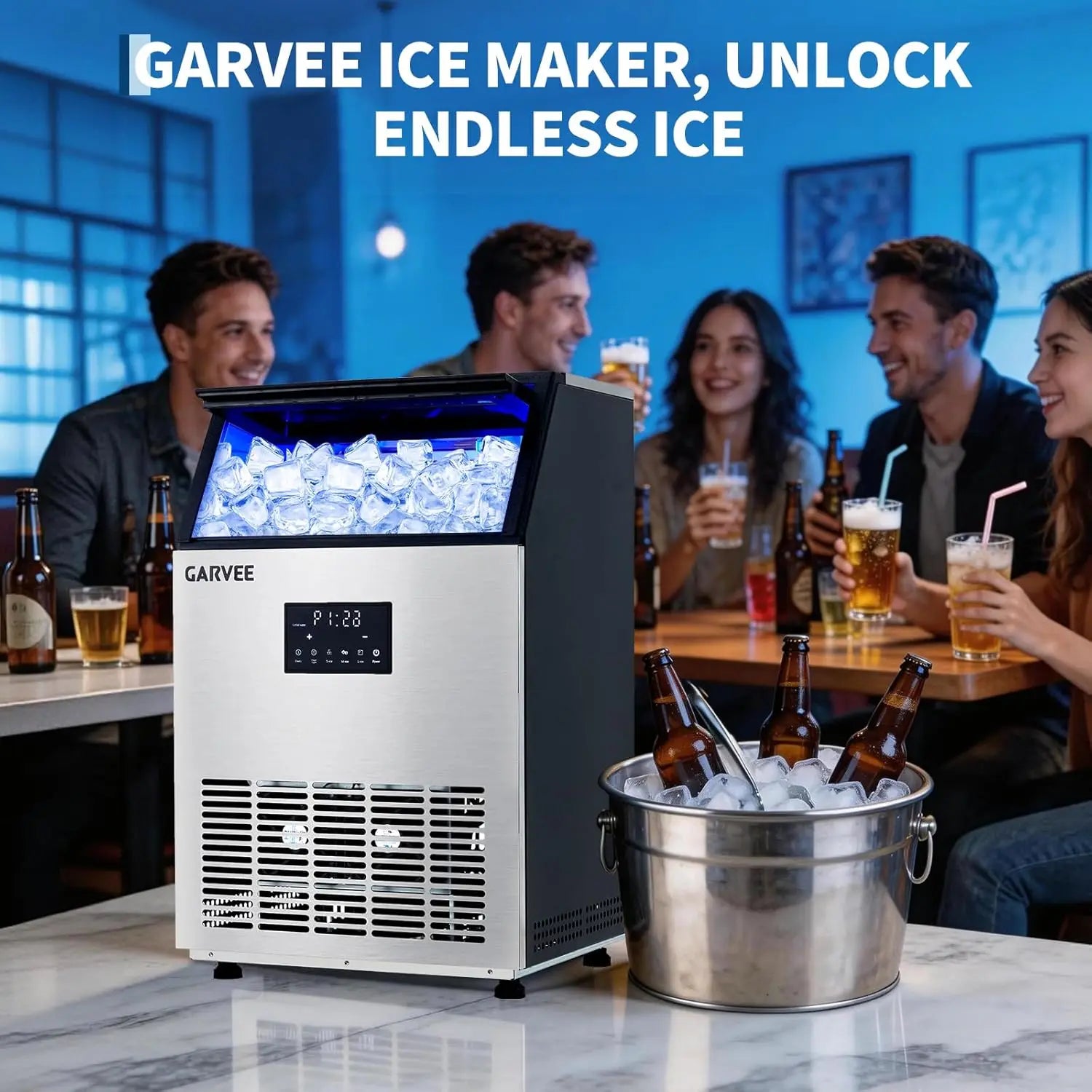 Commercial Ice Maker Machine 150LBS/24H, 40LBS Storage Bin, Fast Ice Making, Dual Water Inlet & Auto Self-Cleaning for home
