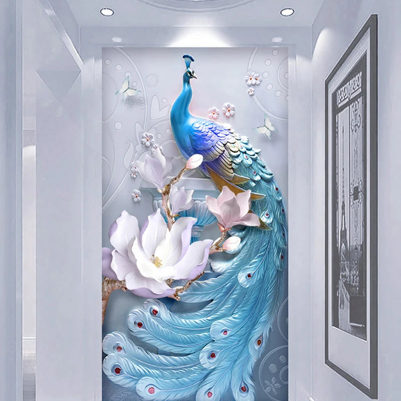 Custom Any Size Mural Wallpaper 3D Stereo Relief Blue Peacock Flowers Wall Painting Living Room Hotel Entrance Backdrop Wall 3 D