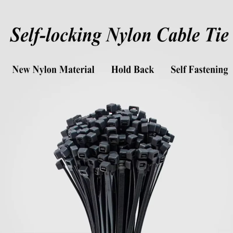 100 Self-Locking Plastic Nylon Cable Ties, 100 Black Cable Ties, Fixed Ring-Style Cable Ties, Zip-Style Fasteners, Nylon Cable Tie Set