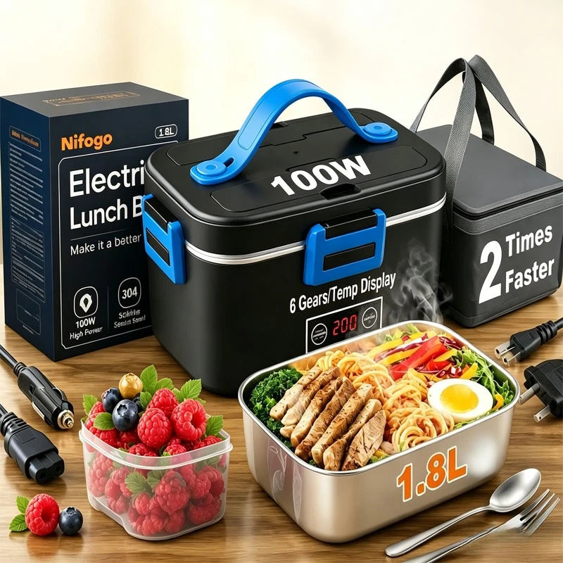 100W Temperature‑Control Electric Lunch Box,1.8L 304 Stainless‑Steel Food Heater,12V/24V Car & Household Dual‑Use Portable Heated Bento Box with Digital Temp Display for Office,Travel