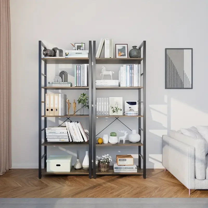 Bookshelf, 5 Tier Bookshelves, Home Office Bookcase Shelf Storage Organizer, Free Standing Storage Shelving Unit for Bedroom, Living Room and Home Office, Vintage