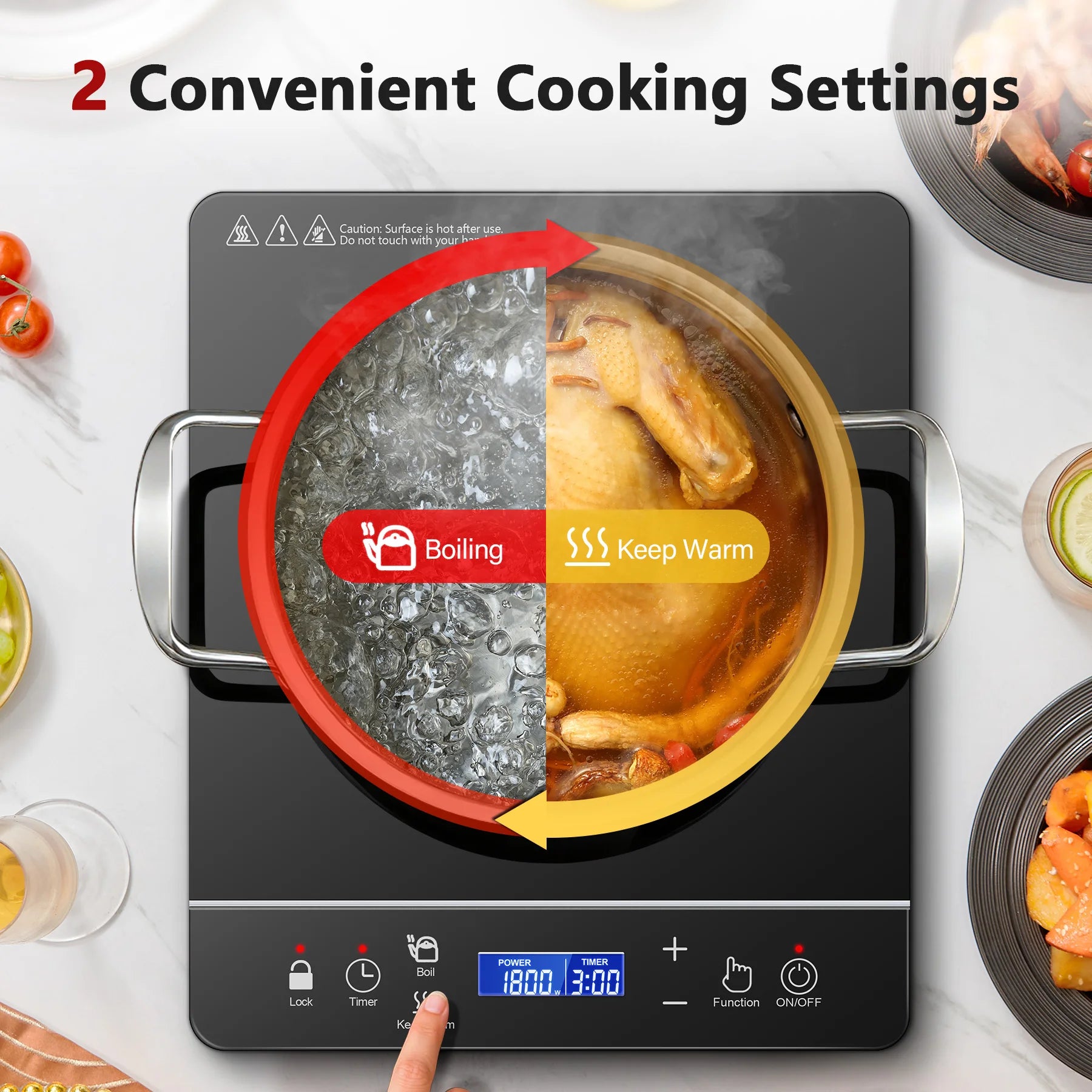 Portable Induction Cooktop 1800W, 20 Modes, 3H Timer, Touch Control, Child Lock, Auto Shut-off, ETL Certified