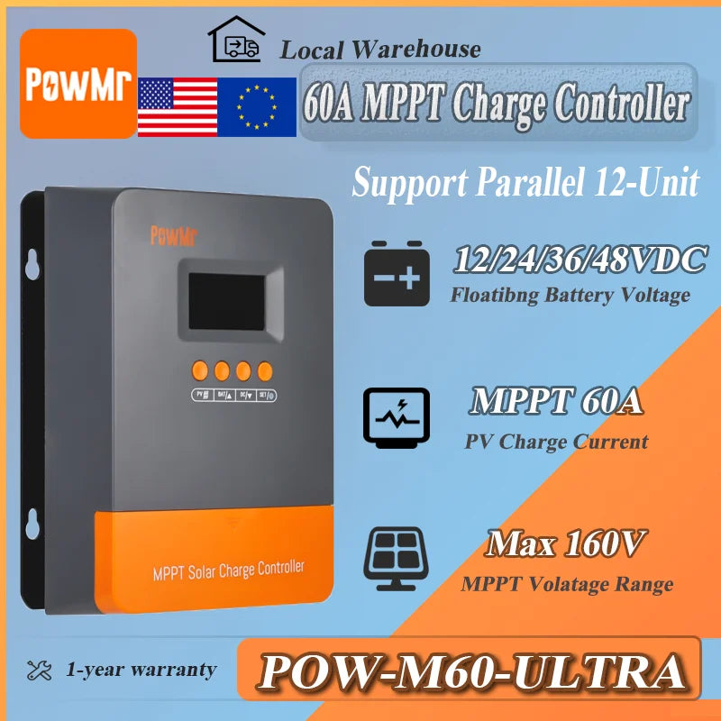 PowMr 12V 24V 36V 48V MPPT Solar Charge Controller PV160V 60A Auto Support up to 12 parallel connections for Solar Home System