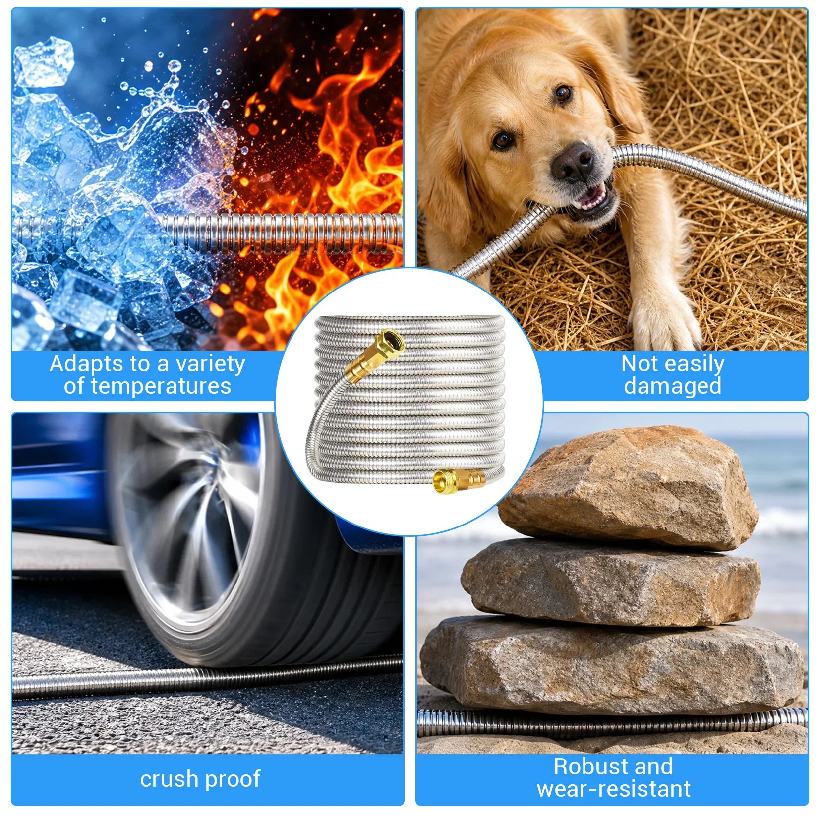 Heavy Duty Stainless Steel Garden Hose – Flexible Metal Water Hose – Kink Proof & Anti-Kink – Adjustable Brass Nozzle, Perfect for Lawn, Car Wash, Outdoor Irrigation, 25FT,50FT,75FT,100FT