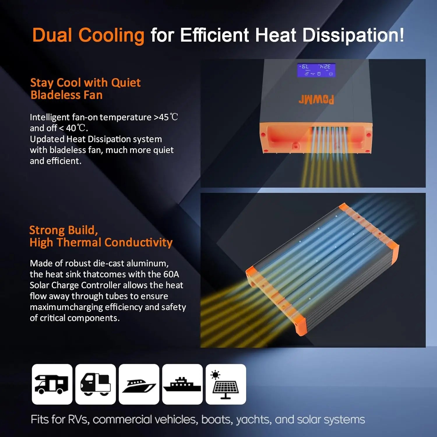 PowMr 60A MPPT Solar Charger Controller 12V/24V/36V/48V LCD Dispaly Max Solar Panel PV 160V Support Parallel Max 12 Units Fit for Home RV Boat Camp