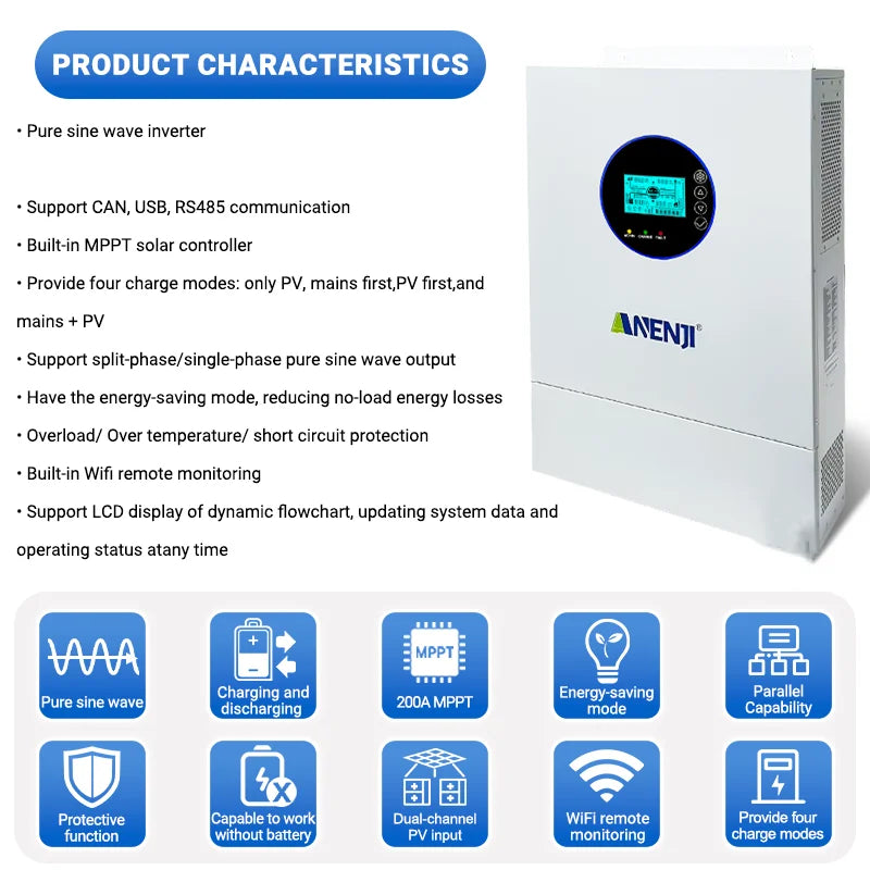 ANENJI Split-Phase 12KW 120v/240v Parallel Solar Inverter Hybrid Dual MPPT Dual Output Built-in MPPT 200A Solar Charger With CT Sensor