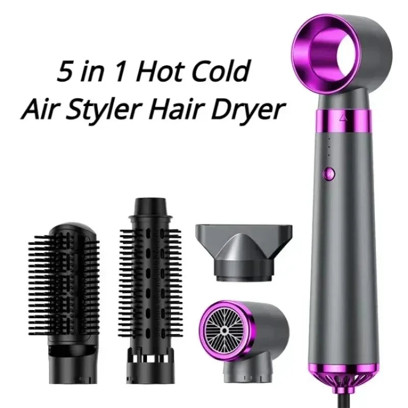 Travel Hair Dryer 5-in-1 with Straightener Curler Negative Ion Fast Drying Strong Wind 110V-220V for Home Salon Use