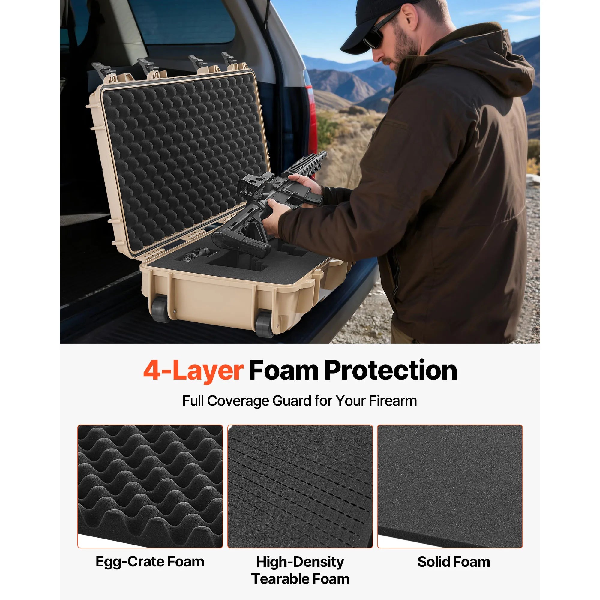 SucceBuy Hard Rifle Case Lockable Rifle Case with Pre-cut Foams Wheels IP67 Waterproof Pistol Storage Cases for Rifles Shotguns