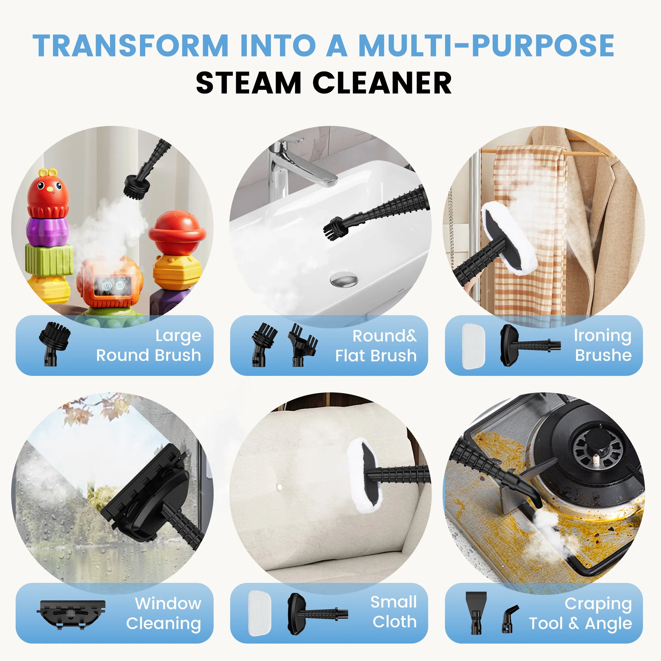 JHK 10-in-1 Steam Mop 1550W Detachable Handheld Steam Cleaner for Floor Cleaning 16FT Cord 2 Washable Pads Multi-Purpose