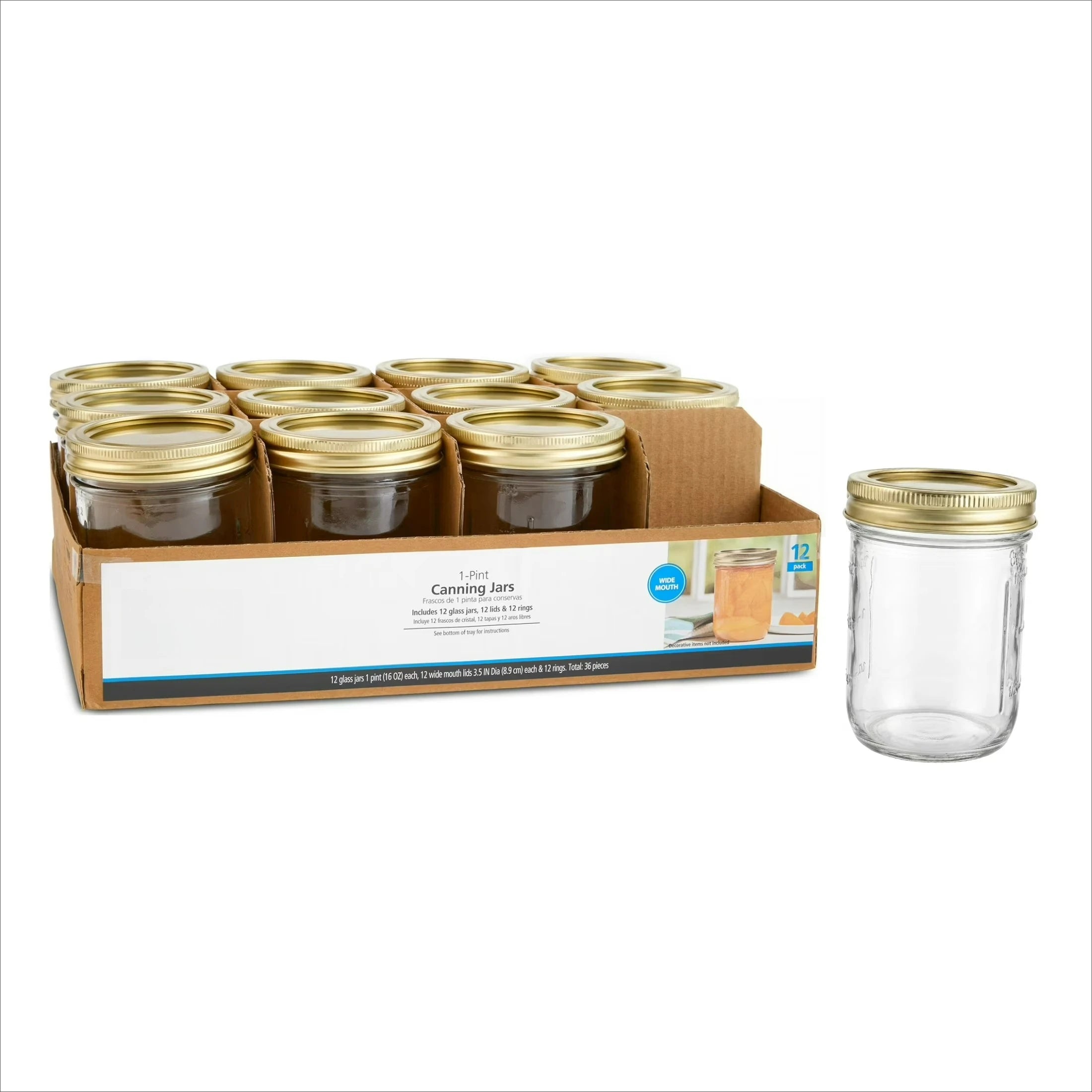 16 oz Mason Jars, Wide Mouth Pint Canning Jars with Lids and Rings, 12-Pack Glass Jars for Home Canning and Meal Prep