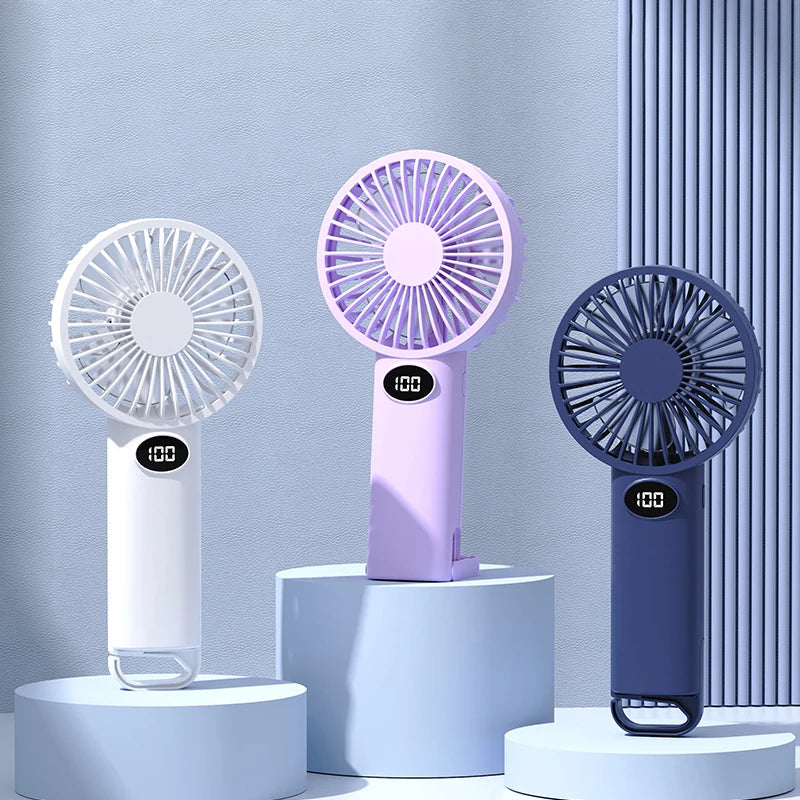 Handheld/Desk-Stand/Overhead Multi-Functional Small Fan with LCD Display and 6 Wind Speed Levels