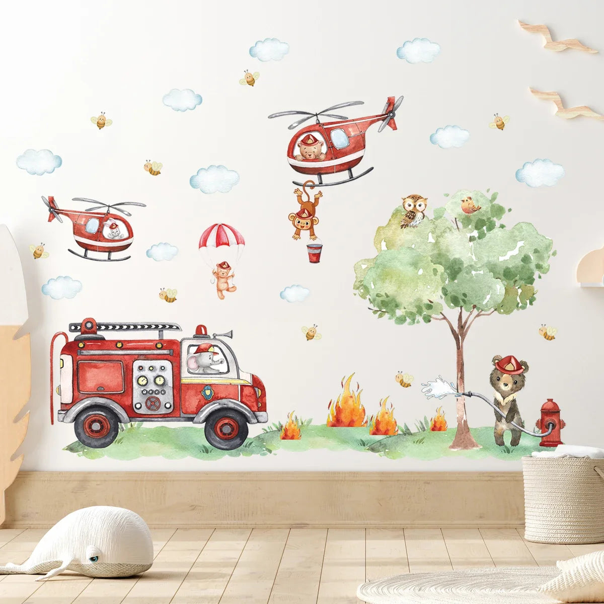 Cartoon Animal Fire Fighting Truck Children Wall Stickers for Nursery Kids Room Baby Bedroom Decoration Living Room Wall Decals