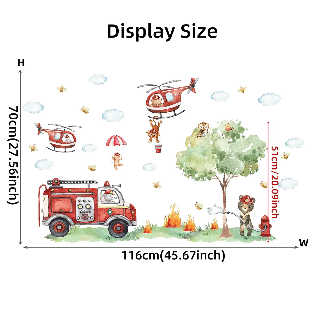 Cartoon Animal Fire Fighting Truck Children Wall Stickers for Nursery Kids Room Baby Bedroom Decoration Living Room Wall Decals