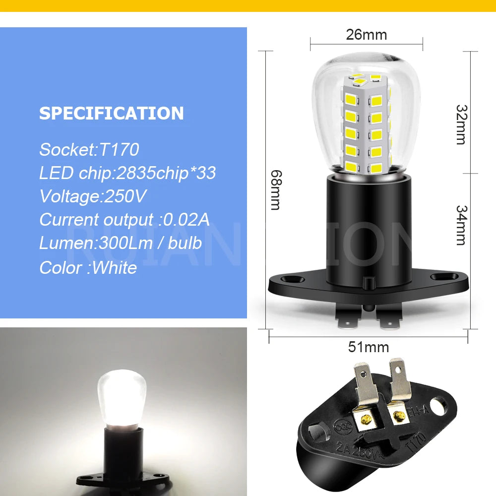 1PC 250V LED Microwave Oven Light Bulb Lamp With Base Vertical Right T170 Base White 6000K 33SMD 2835 Chip