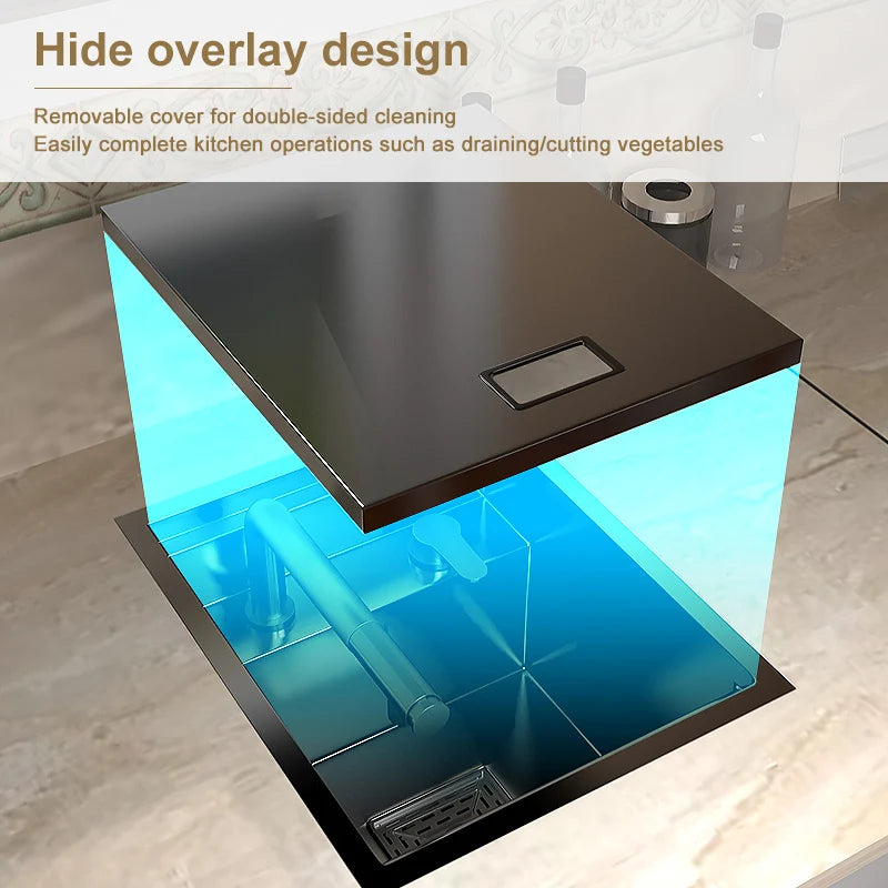 Mini Hidden Kitchen Sink Balcony Bar Apartment Household Save Space Stainless Steel Wash Dish Basin With Lid Small Single Slot