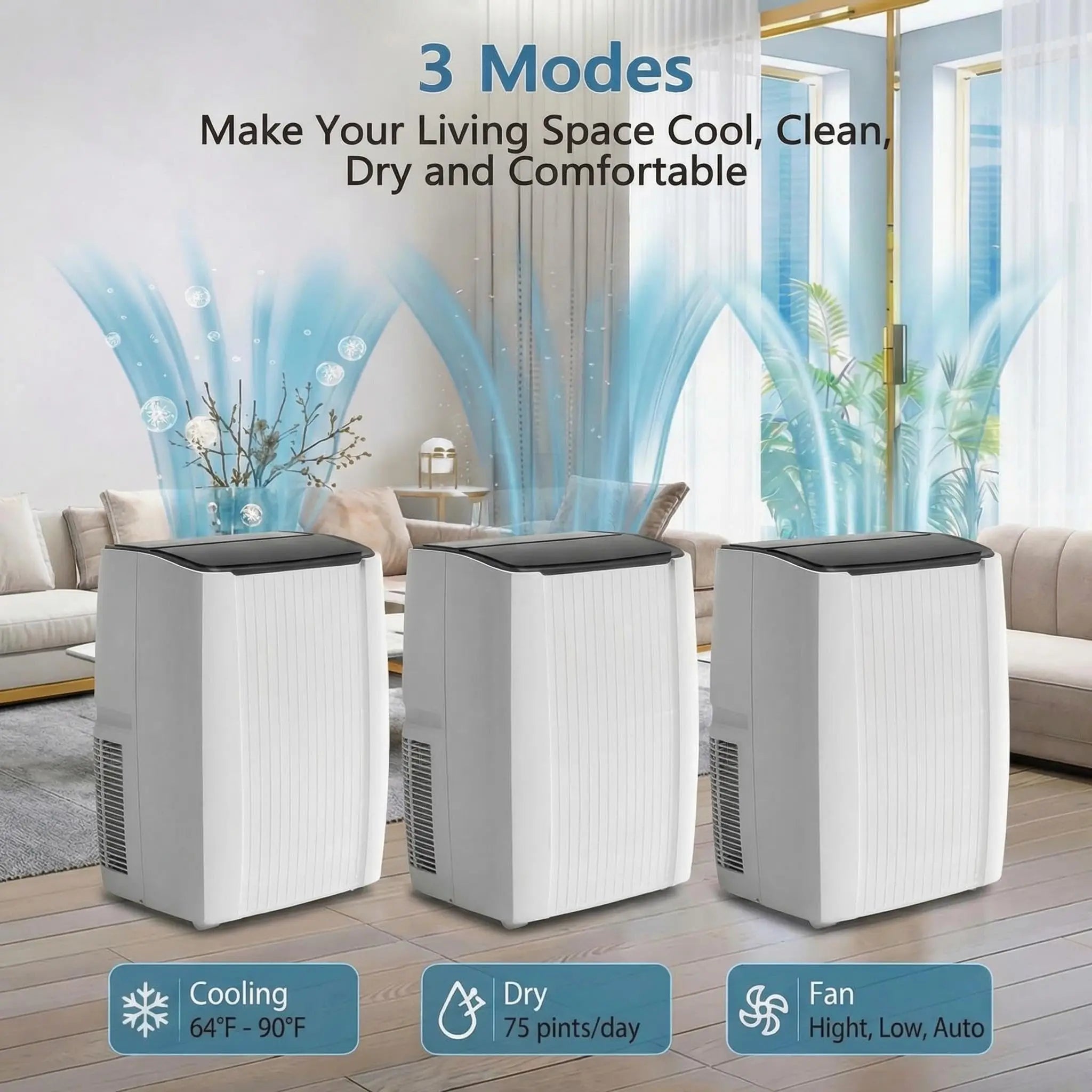 14000 BTU Portable Air Conditioner, 3 In 1 AC Unit with Fan, Dehumidifier & 48dB Quiet,Remote Control, Cools up to 750 Sq.Ft,24H Timer,Window Kits Included for Room Indoor Office & Dorms