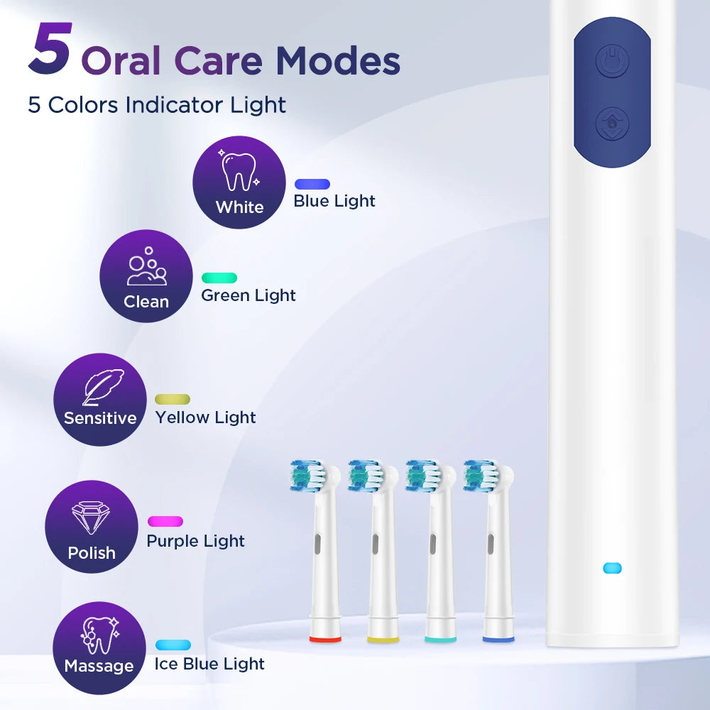 Electric Toothbrush for Adults with 5 Modes, Rotating Rechargeable Power Toothbrush IPX7 Waterproof, USB Heads for Home Travel