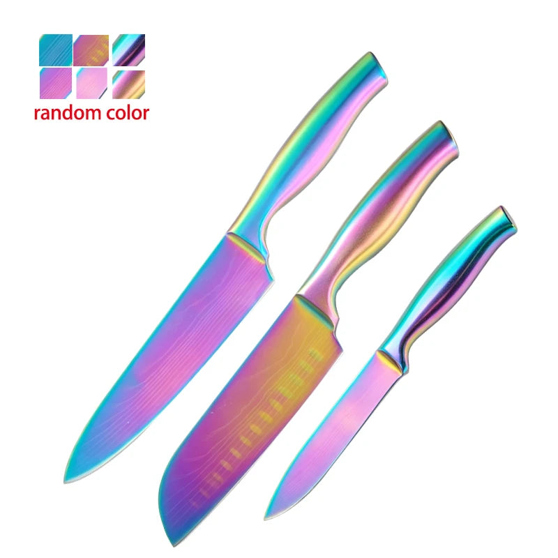 BAFENGS Rainbow Knife Set, Laser Printed Damascus Pattern, Stainless Knives, Chef Bread Santoku Utility Knife, Kitchen Scissors