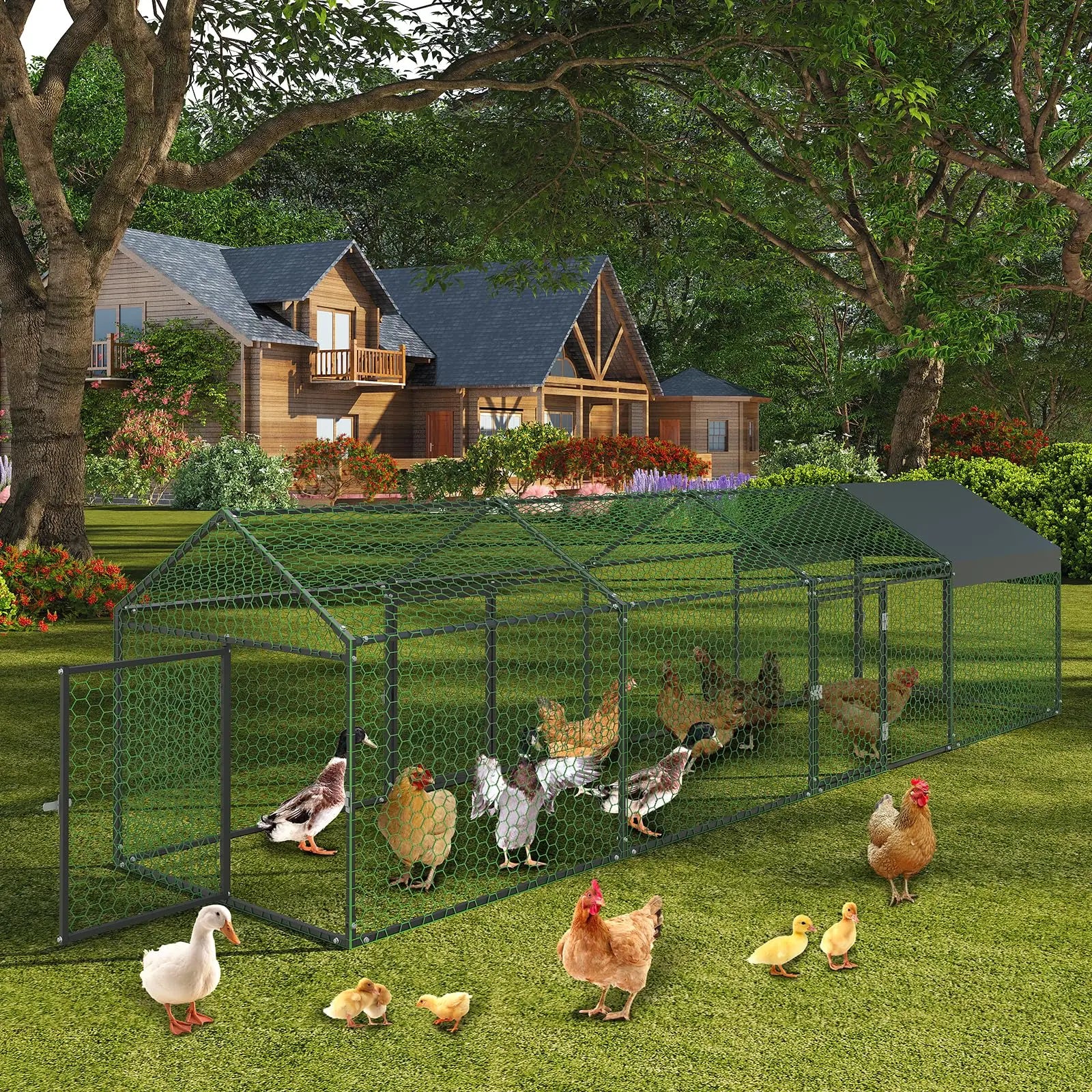 Metal Chicken Coop Heavy Duty Walk-in Chicken Runs with Doors and Anti-Uv Cover,Portable Poultry Cage Hen House Outdoor Backyard